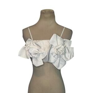 Shein Bae white satin ruffle flowers back lace up crop top size Small